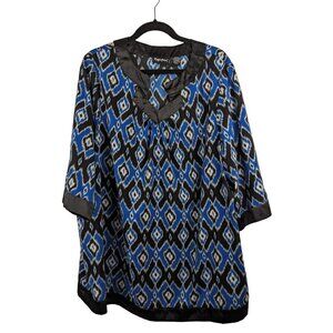 Maggie Barnes Womens Tunic Top Size 1X Blue Abstract Pleather V-Neck 3/4 Sleeve